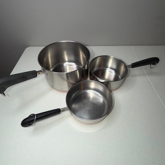 Revere Ware Copper Bottom 3 Piece Saucepots Stainless Steel No Lids 1801 USA VTG - Picture 12 of 12